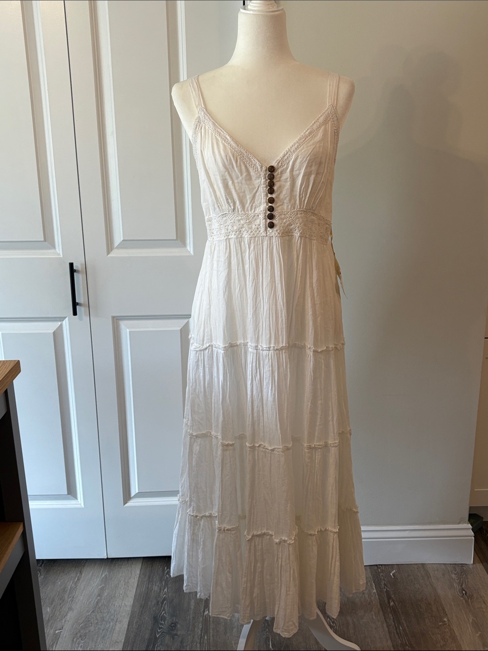 NWT Vasna Desire XL Cream BOHO Tiered Maxi Dress Lace & Gold Button Details